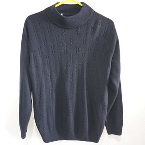 Mock turtle neck sweater, black, with decorative knit design.